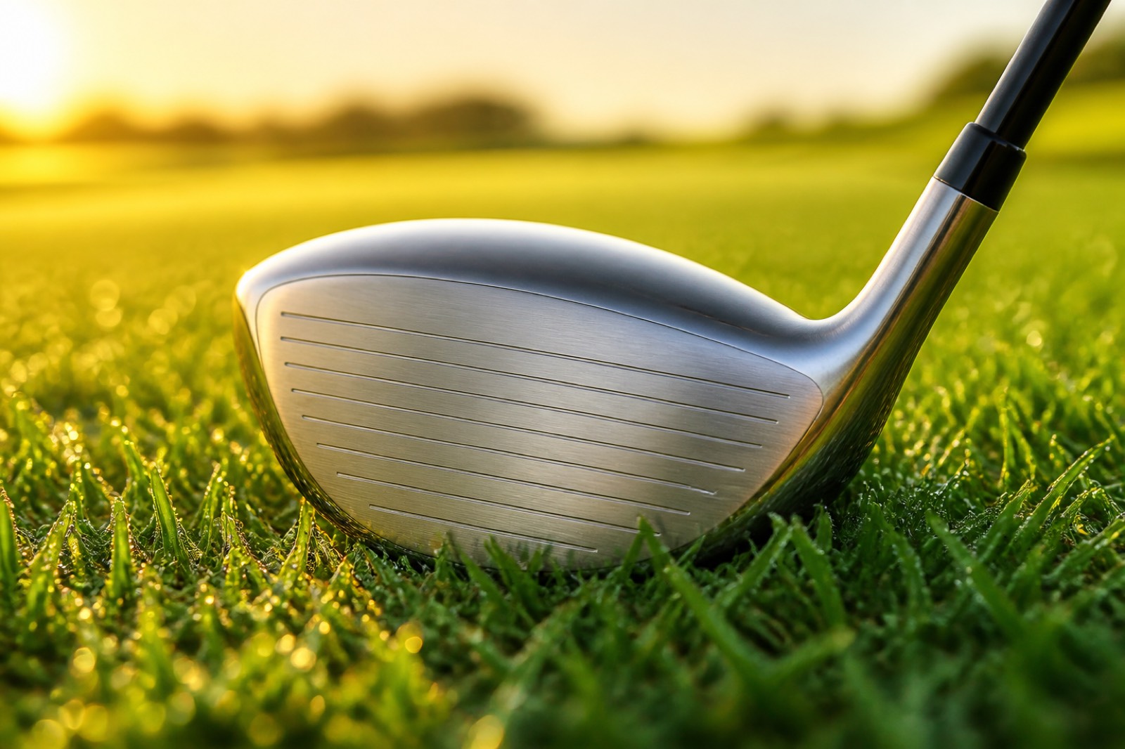 Titanium golf driver on dew-covered fairway grass in Norman, Oklahoma