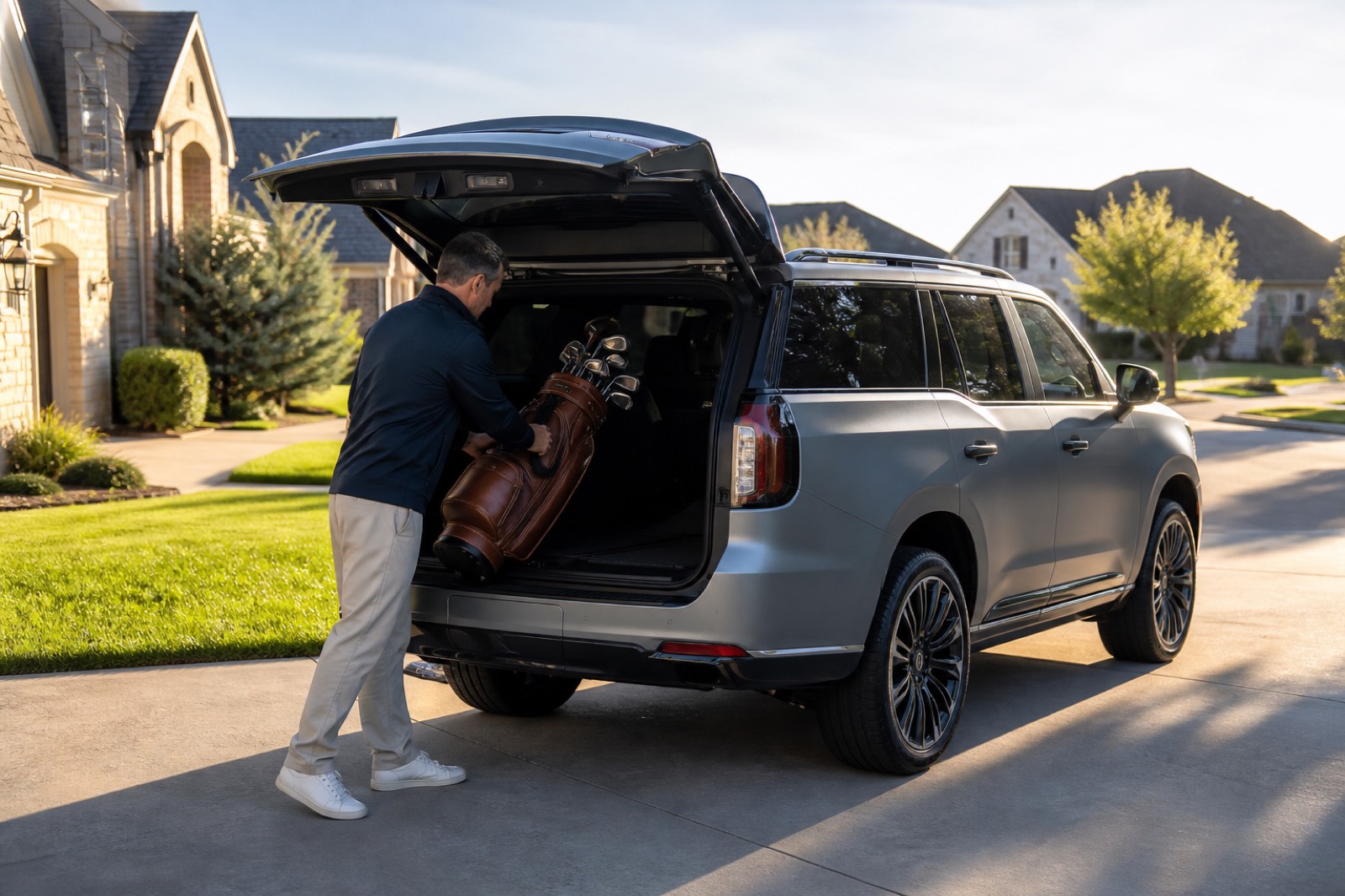 Golf bag pickup at a Norman-area home for ClubRepair drop-off service